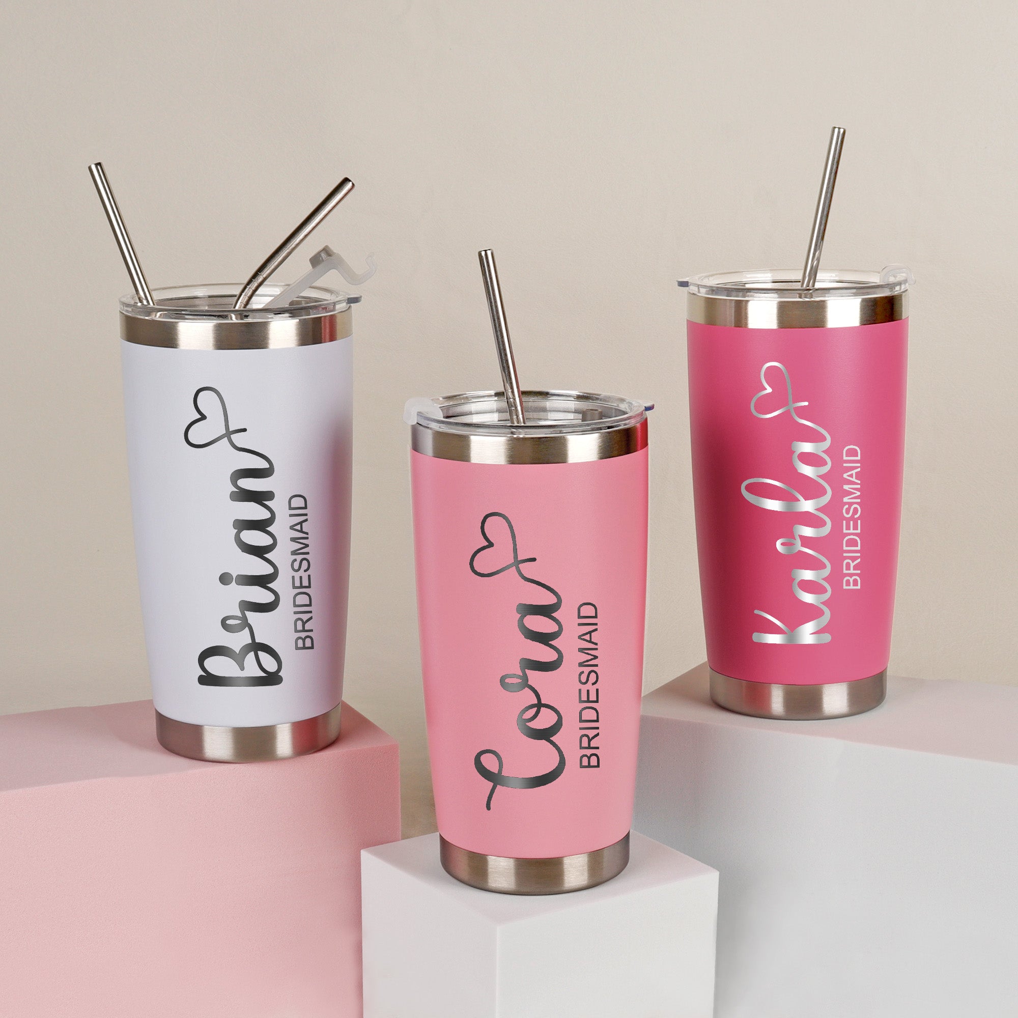 Personalized 20 oz Stainless Steel Tumbler with Straw, Bridesmaid Proposal Gift