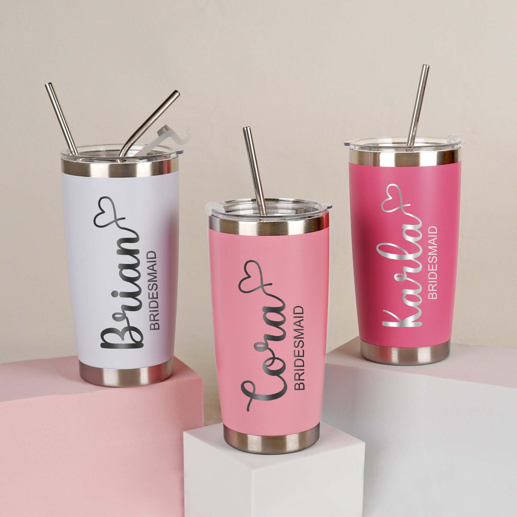 Personalized 20 oz Stainless Steel Tumbler with Straw, Bridesmaid Proposal Gift