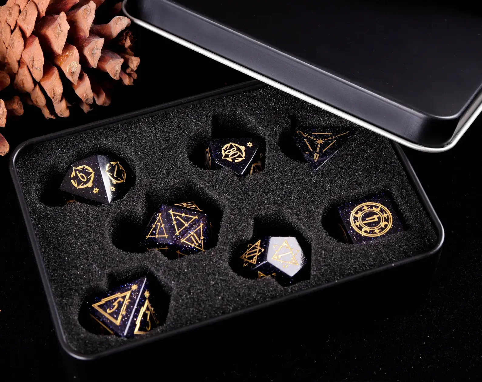 Engraved Dark Blue D&D Dice Set – Handmade Sandstone Gem, RPG Gift for Birthday
