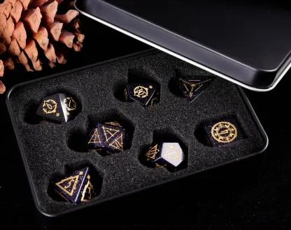Engraved Dark Blue D&D Dice Set – Handmade Sandstone Gem, RPG Gift for Birthday