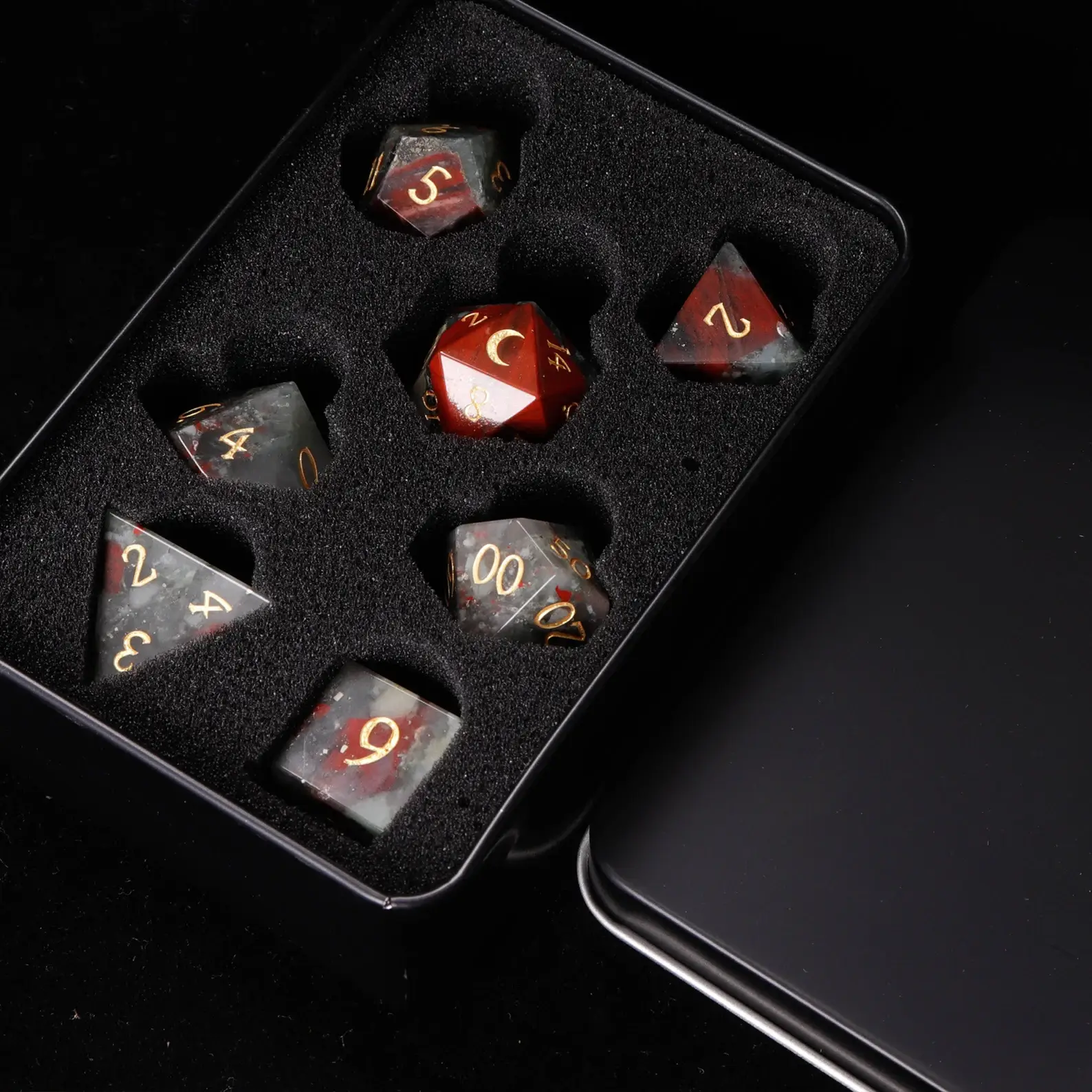 Red Natural Bloodstone D&D Dice Set – Sharp Edge Gemstone RPG Dice