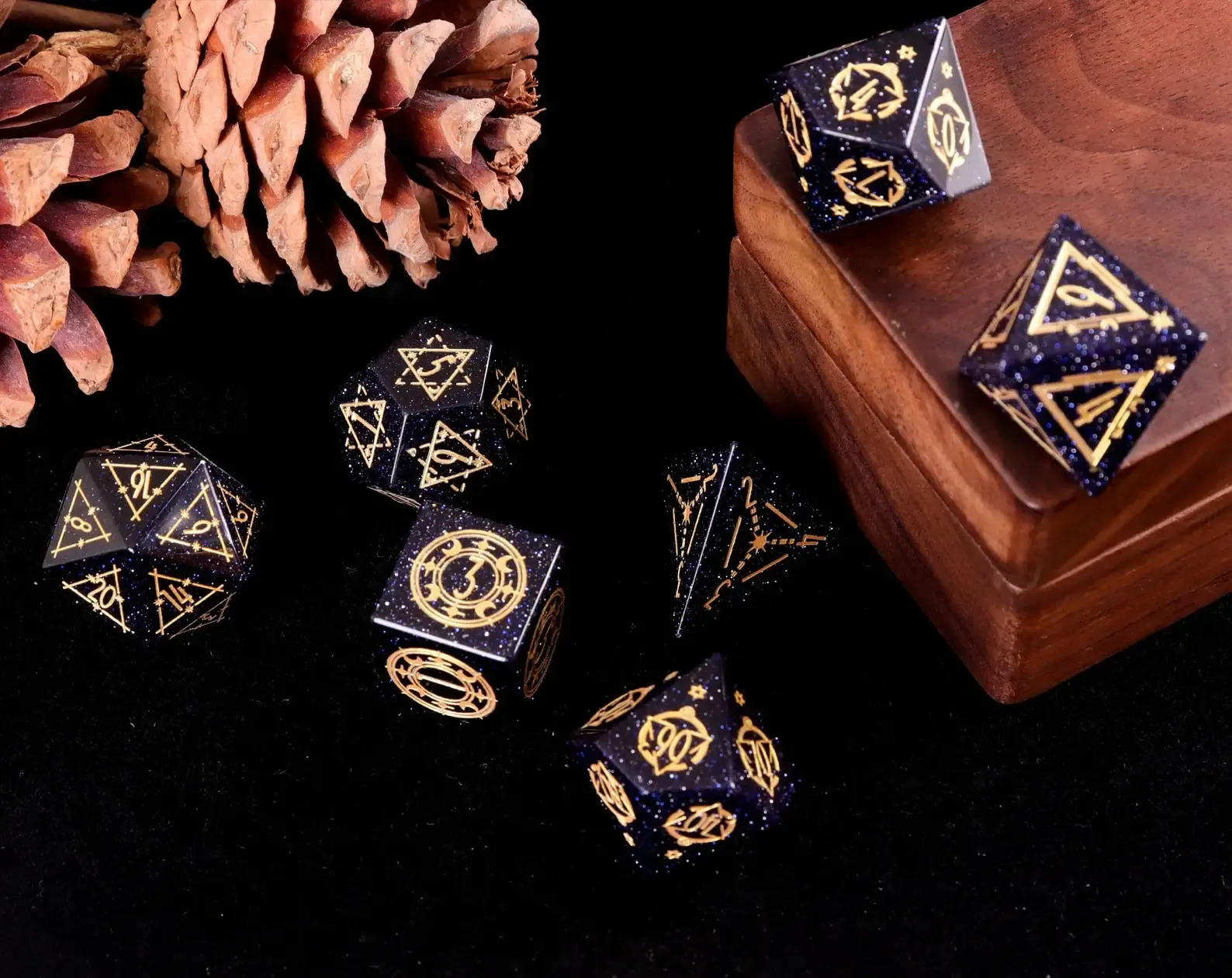 Engraved Dark Blue D&D Dice Set – Handmade Sandstone Gem, RPG Gift for Birthday