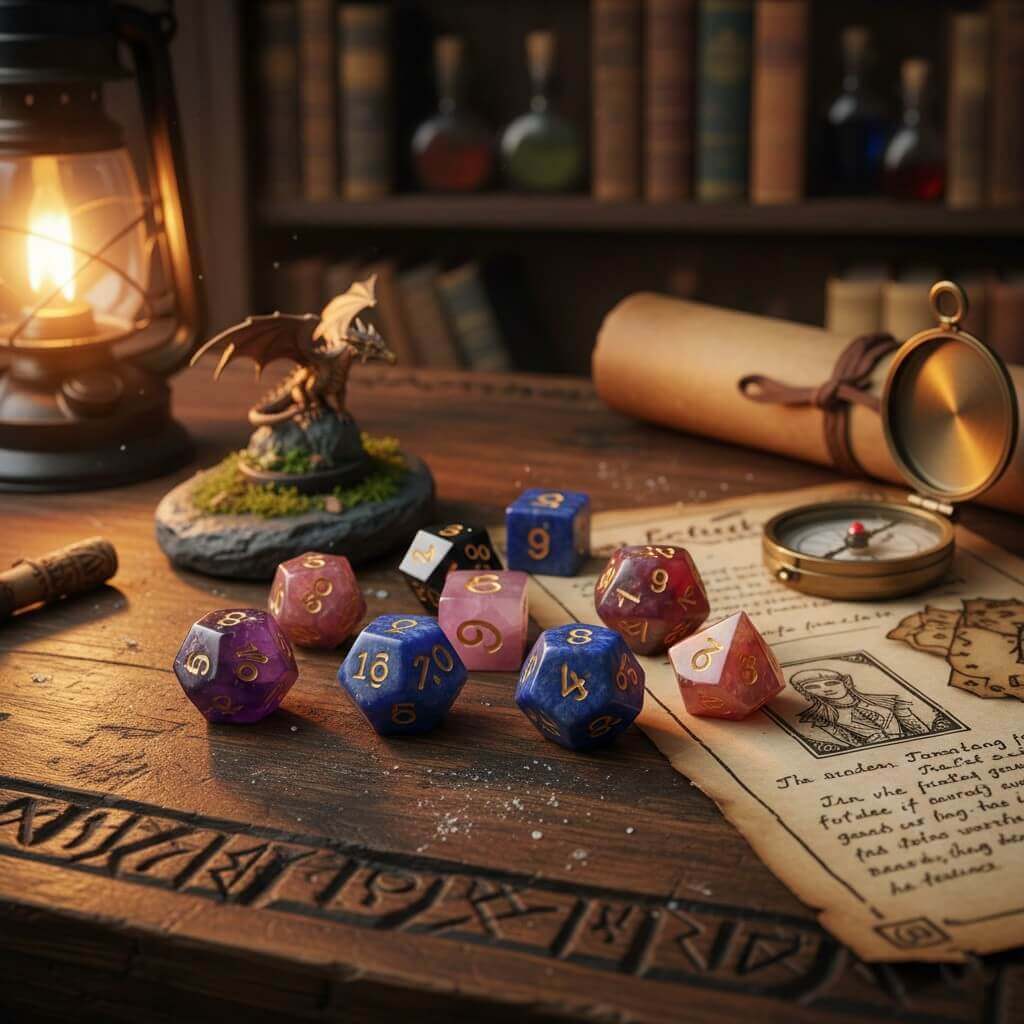 Vibrant gemstone D&D dice set on a fantasy wooden table with miniatures and character sheets. (Keywords: D&D dice set, gemstone dice, fantasy tabletop, miniatures, character sheets)