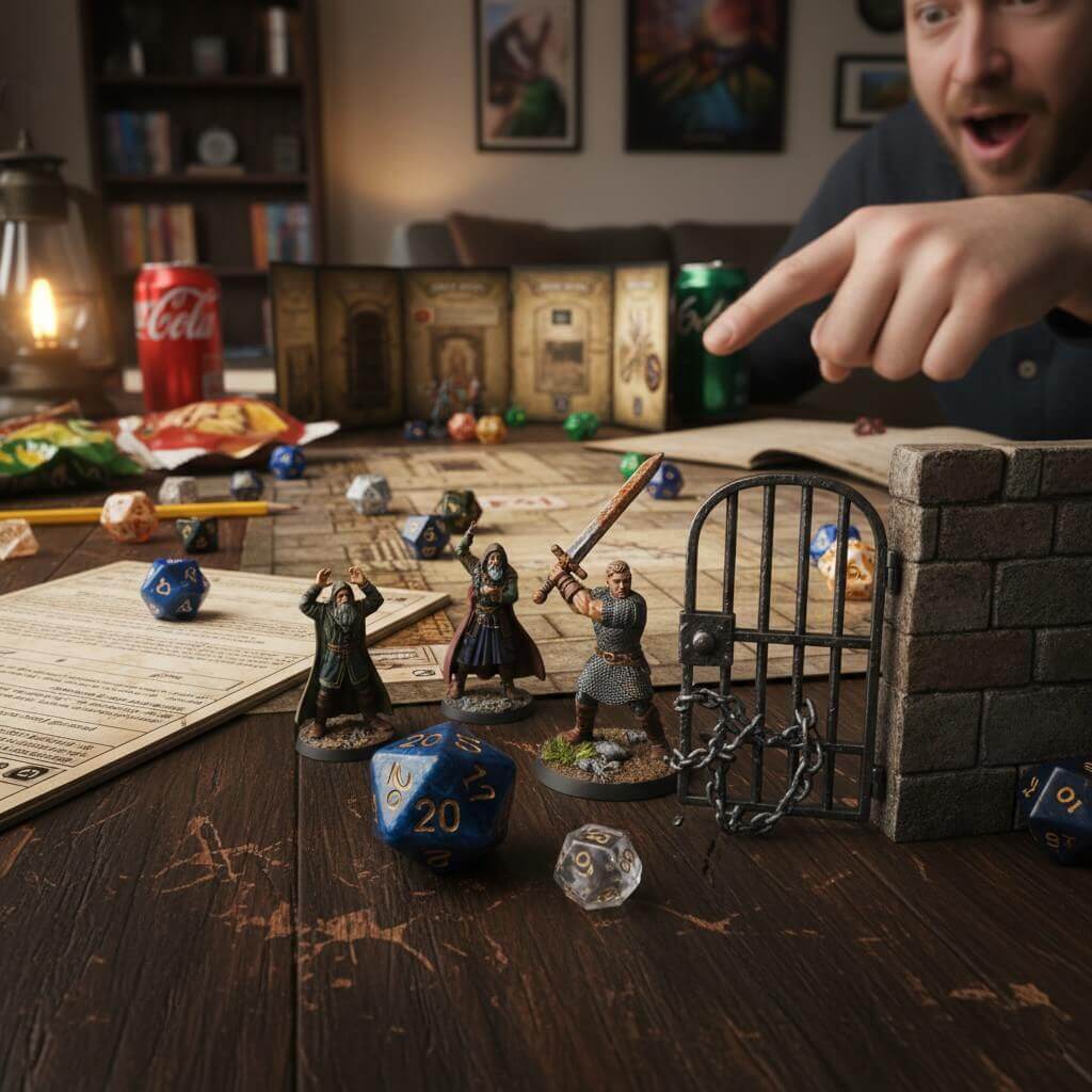 Dramatic D&D scene: warrior breaking a lock with a sword, surprised teammates, and a D20 showing a "Natural 20" on the table. (Keywords: D&D game scene, warrior, D20 roll, Natural 20, tabletop RPG)