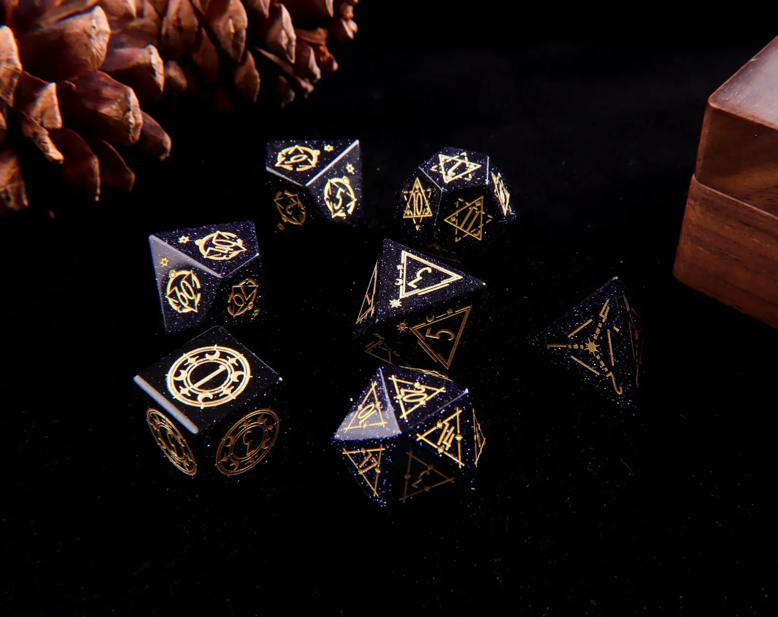 Engraved Dark Blue D&D Dice Set – Handmade Sandstone Gem, RPG Gift for Birthday