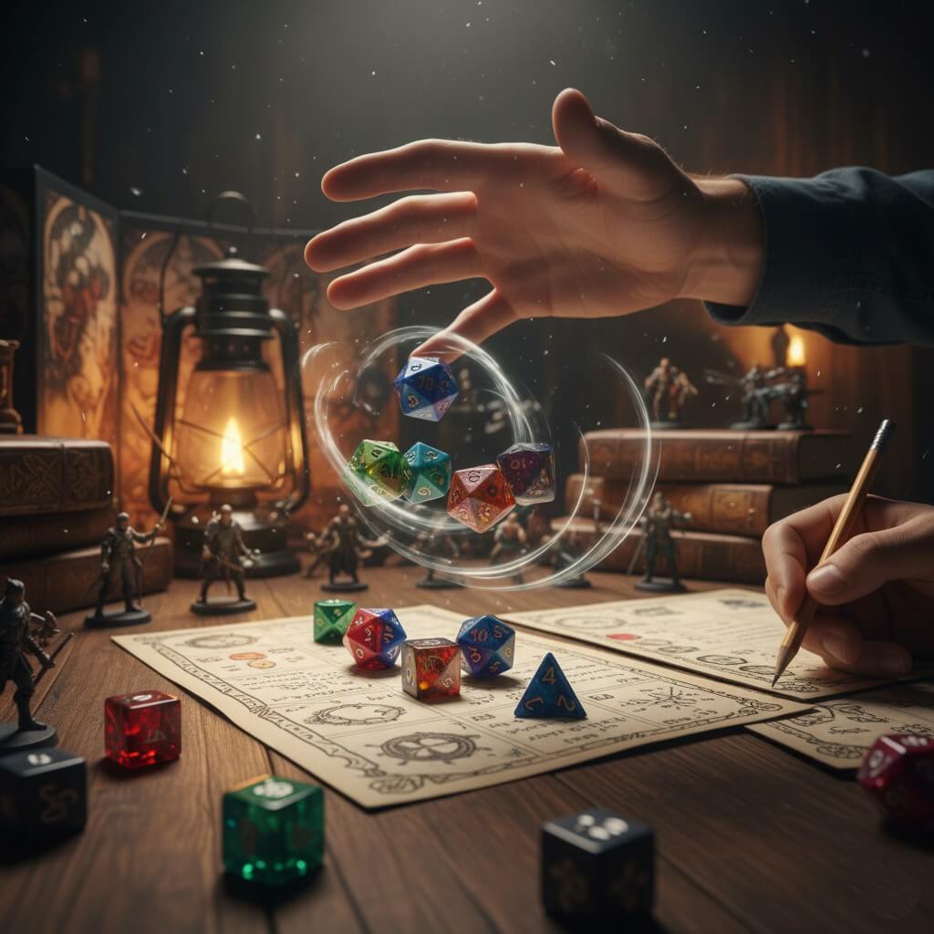Player's hand rolling D&D dice with motion blur, capturing anticipation and action in a tabletop RPG game. (Keywords: D&D dice roll, player hand, tabletop RPG, game action, anticipation)