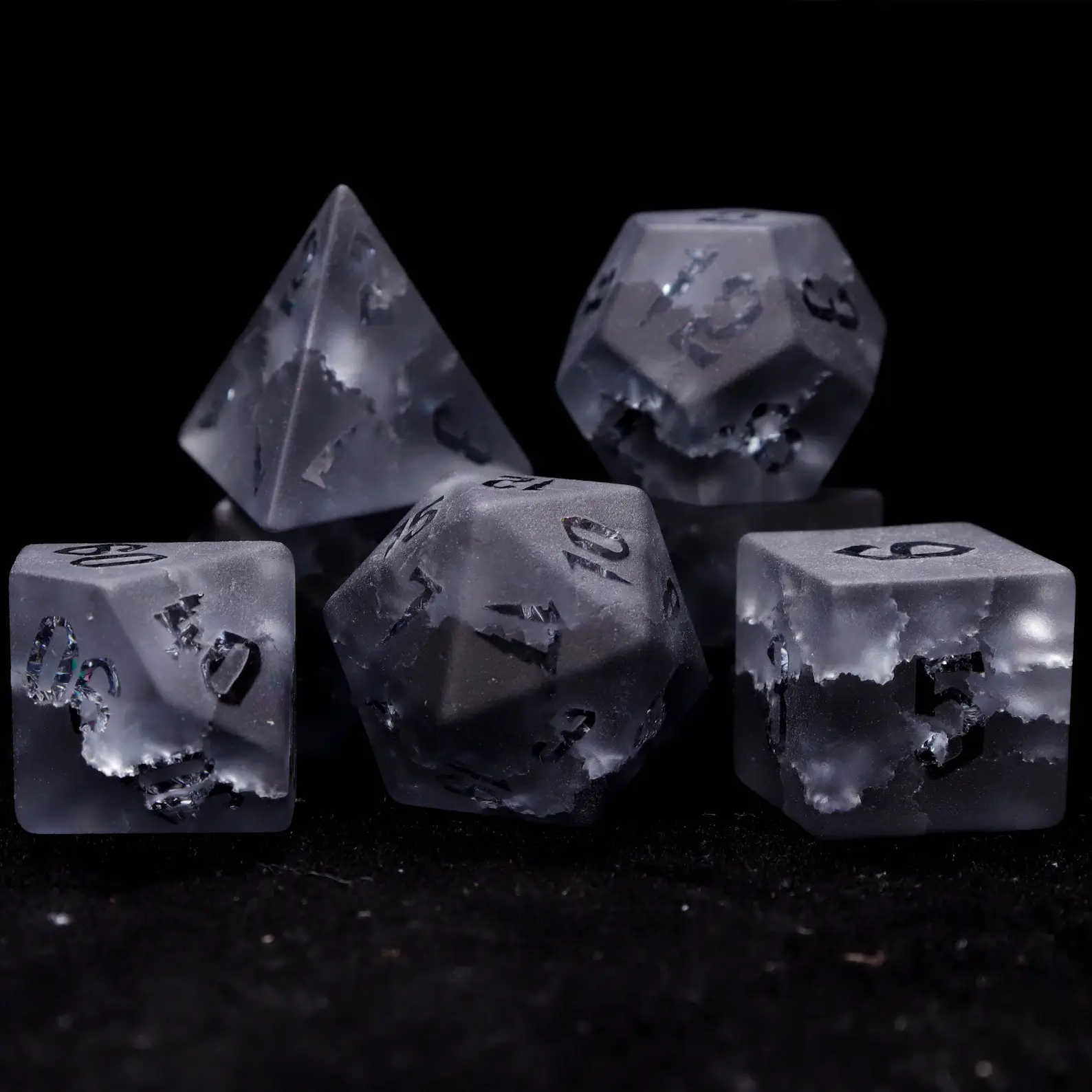 Black Sparkle D&D Gem Dice Set – Matte Black, Sharp Edge, Perfect RPG Gift for Boyfriend