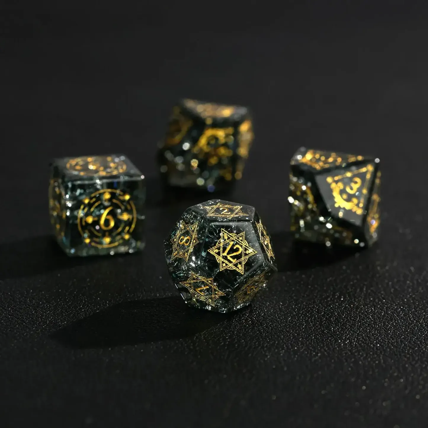 Black Sparkle DND Dice Set – Handcrafted Matte Black Gemstone Polyhedral Dice