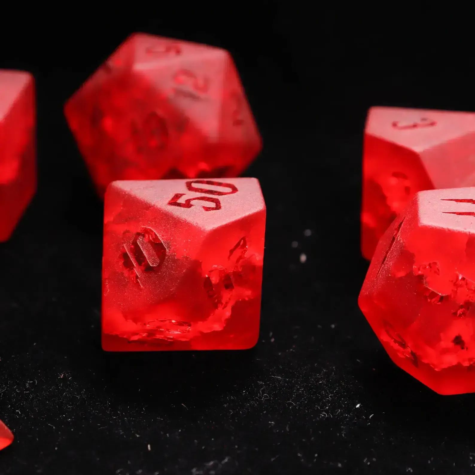 Red Glass Sharp Edge D&D Dice Set, Dungeons and Dragons Polyhedral RPG Gemstone Dice Set