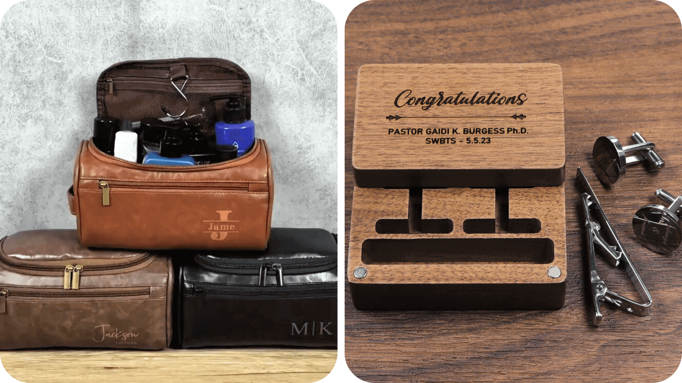 Leather Toiletry Bag with Custom Name+Personalized Cufflink + Tie Clip Set