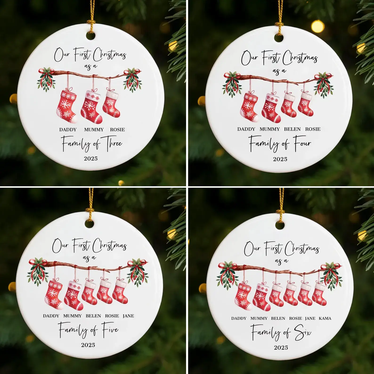 Four personalised Christmas ornaments showing different family sizes: top-left for family of 2 with two stockings, top-right for family of 3 with three stockings, bottom-left for family of 4 with four stockings, bottom-right for family of 5 with five stockings, each held in a hand against festive Christmas decorations
