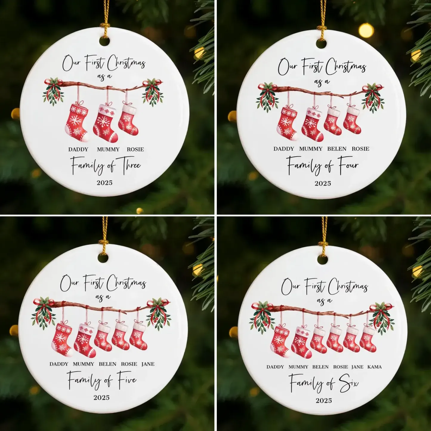 Four personalised Christmas ornaments showing different family sizes: top-left for family of 2 with two stockings, top-right for family of 3 with three stockings, bottom-left for family of 4 with four stockings, bottom-right for family of 5 with five stockings, each held in a hand against festive Christmas decorations
