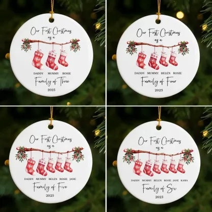 Four personalised Christmas ornaments showing different family sizes: top-left for family of 2 with two stockings, top-right for family of 3 with three stockings, bottom-left for family of 4 with four stockings, bottom-right for family of 5 with five stockings, each held in a hand against festive Christmas decorations
