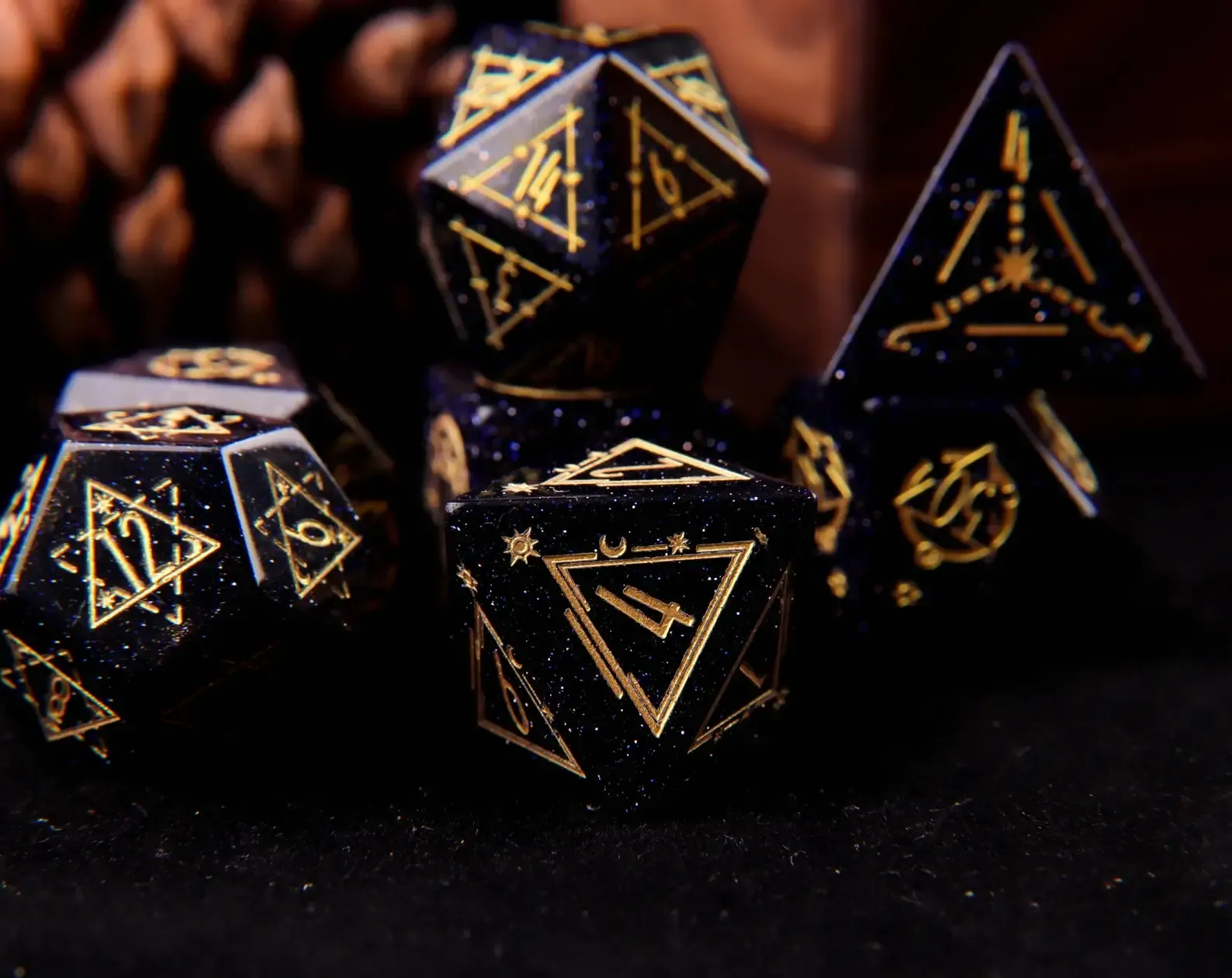 Engraved Dark Blue D&D Dice Set – Handmade Sandstone Gem, RPG Gift for Birthday