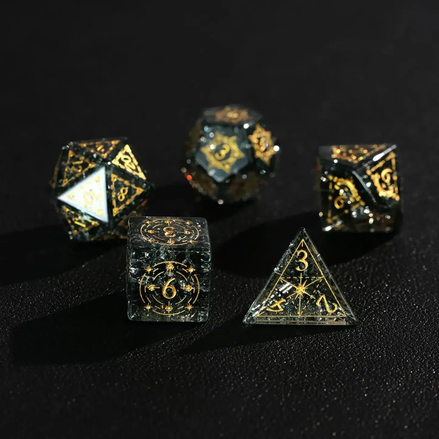 Black Sparkle DND Dice Set – Handcrafted Matte Black Gemstone Polyhedral Dice