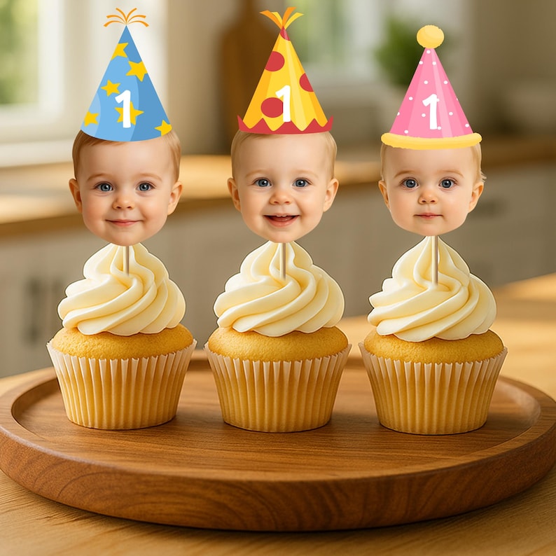 Custom Face Photo Cupcake Toppers, Personalized Party Hat Picks for Baby First Birthday, Milestone Events & Any Celebration image 1