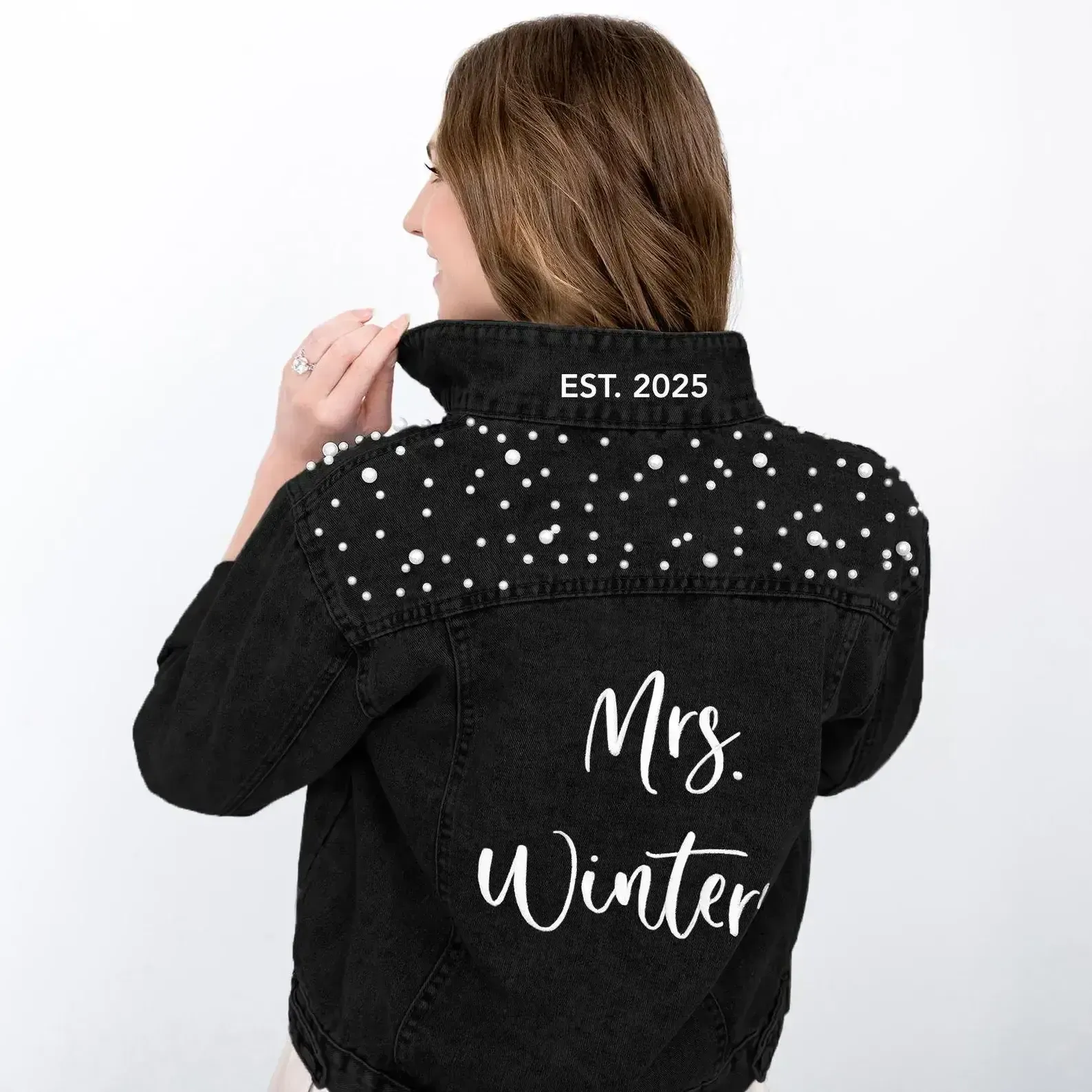 Embroidered Bride Denim Jacket – Custom Pearl Wedding Jacket