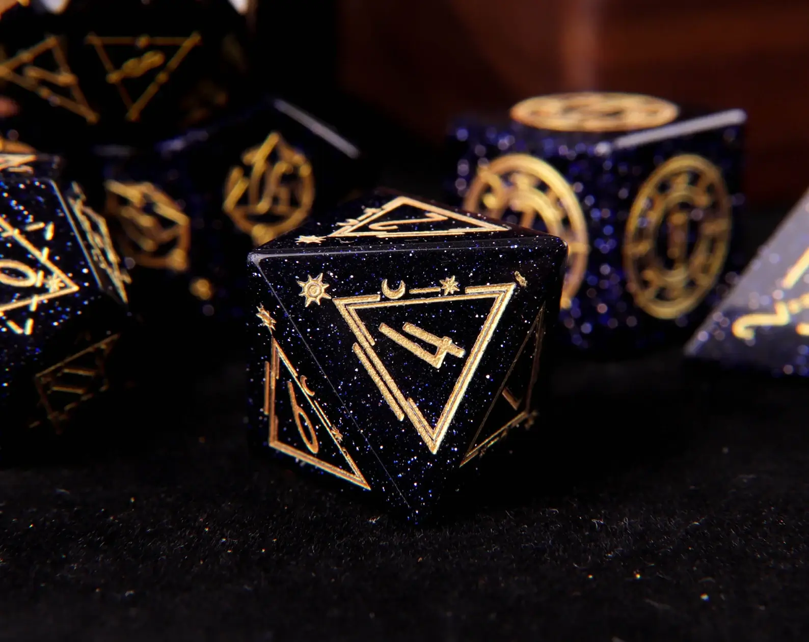 Engraved Dark Blue D&D Dice Set – Handmade Sandstone Gem, RPG Gift for Birthday