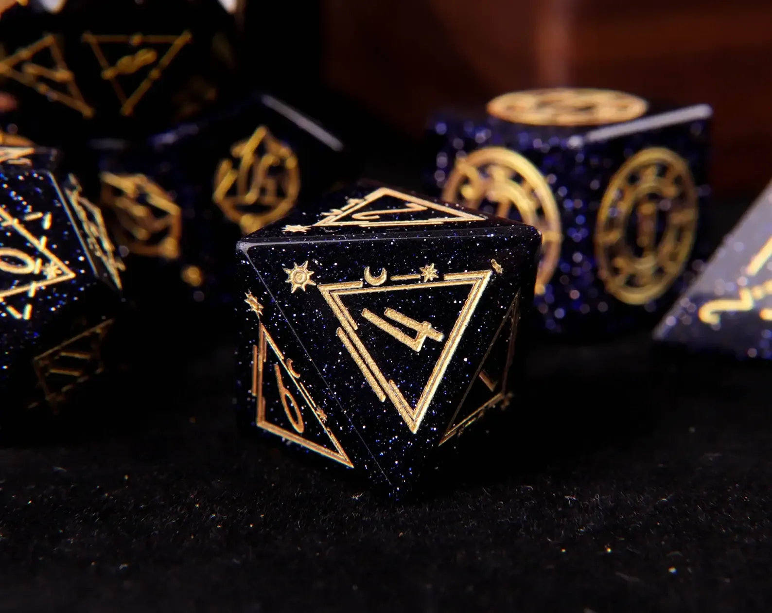 Engraved Dark Blue D&D Dice Set – Handmade Sandstone Gem, RPG Gift for Birthday