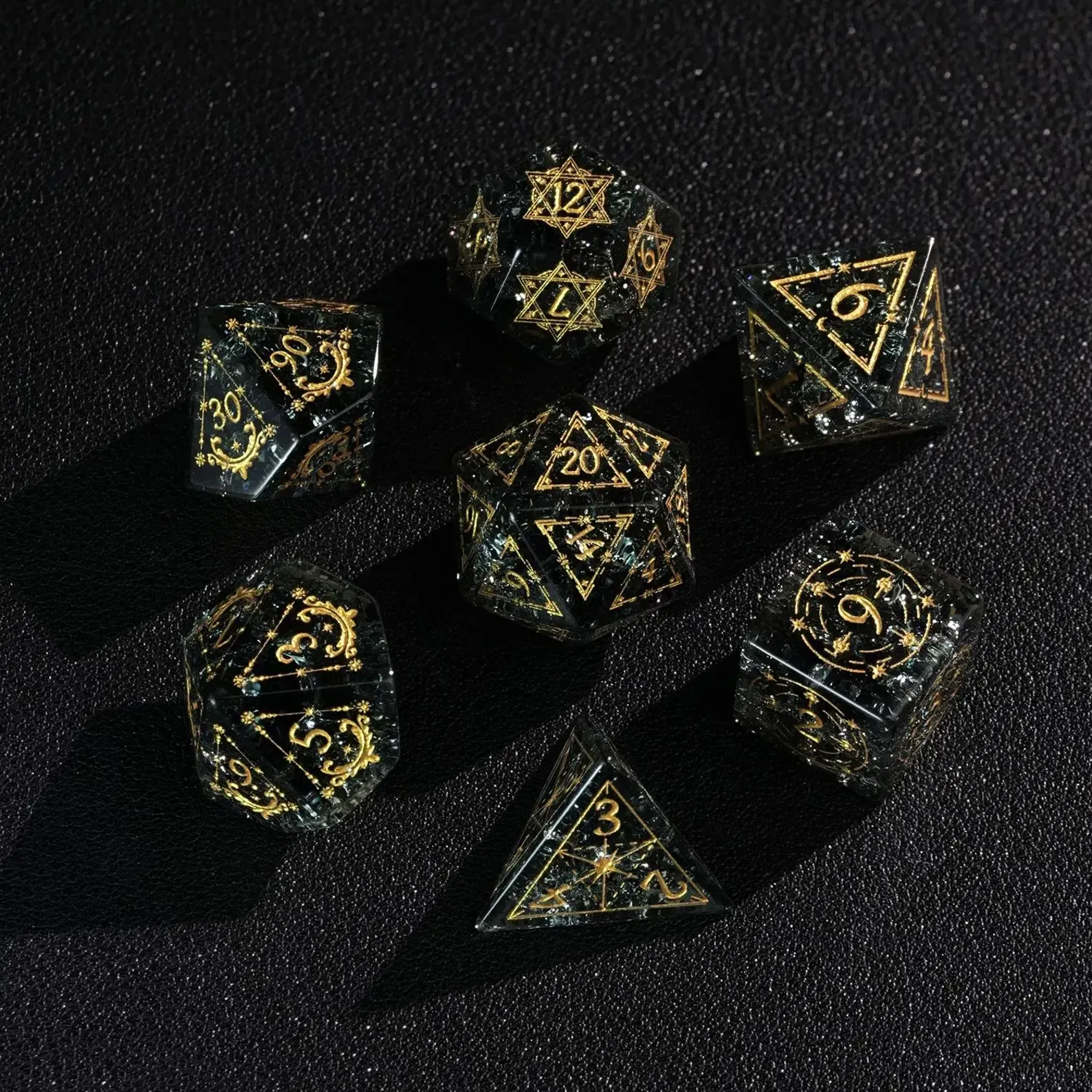 Black Sparkle DND Dice Set – Handcrafted Matte Black Gemstone Polyhedral Dice