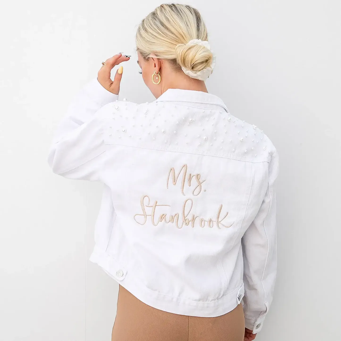 Embroidered Bride Denim Jacket – Custom Pearl Wedding Jacket