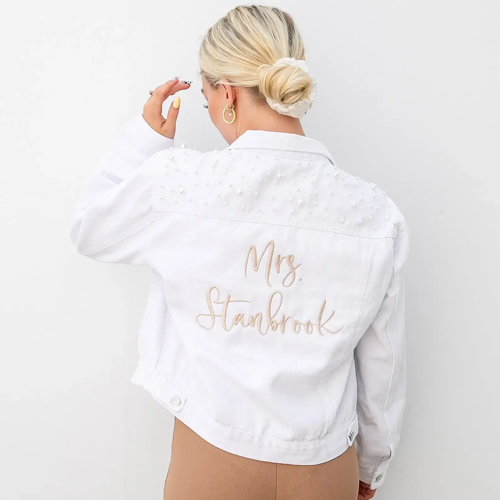 Embroidered Bride Denim Jacket – Custom Pearl Wedding Jacket