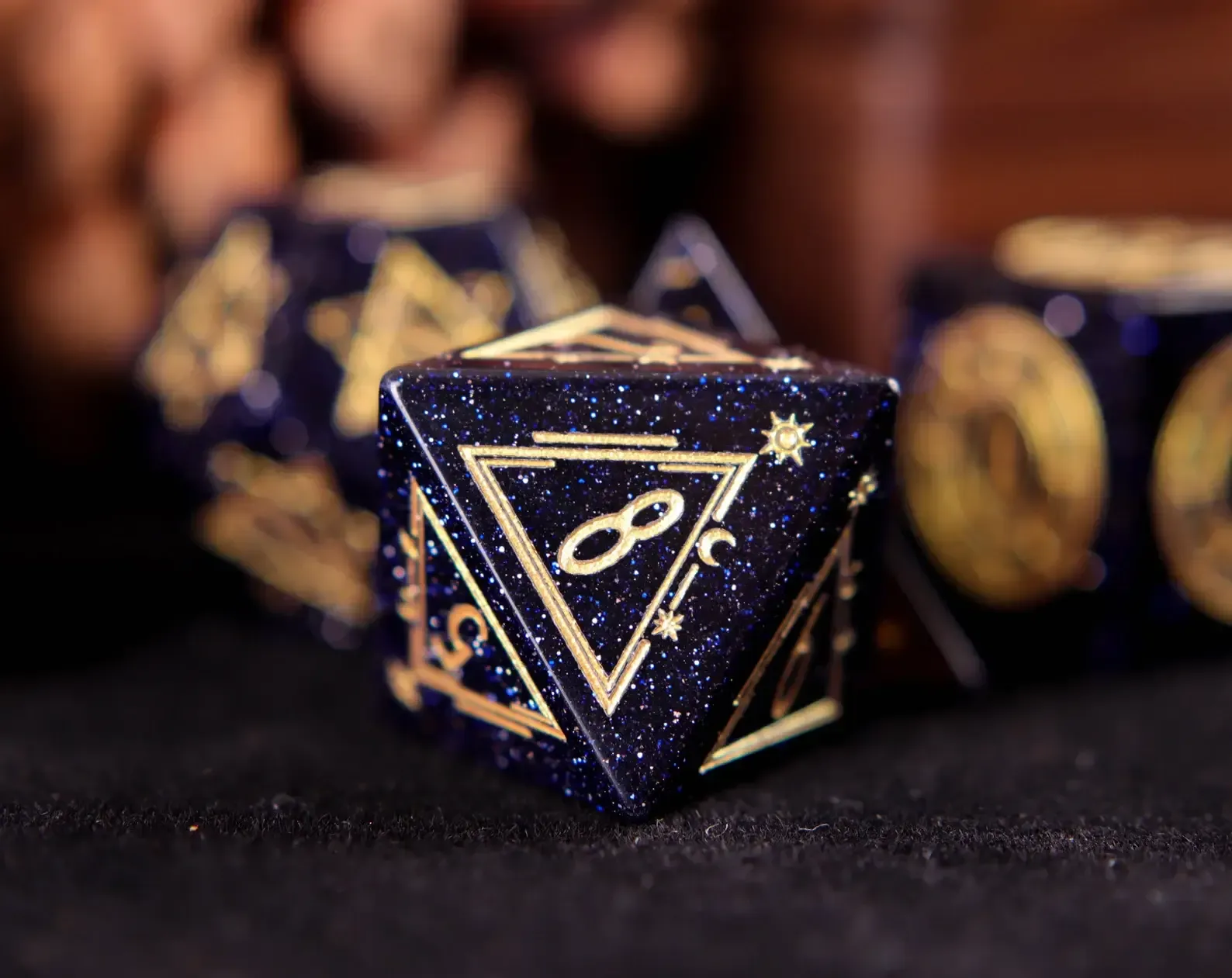 Engraved Dark Blue D&D Dice Set – Handmade Sandstone Gem, RPG Gift for Birthday