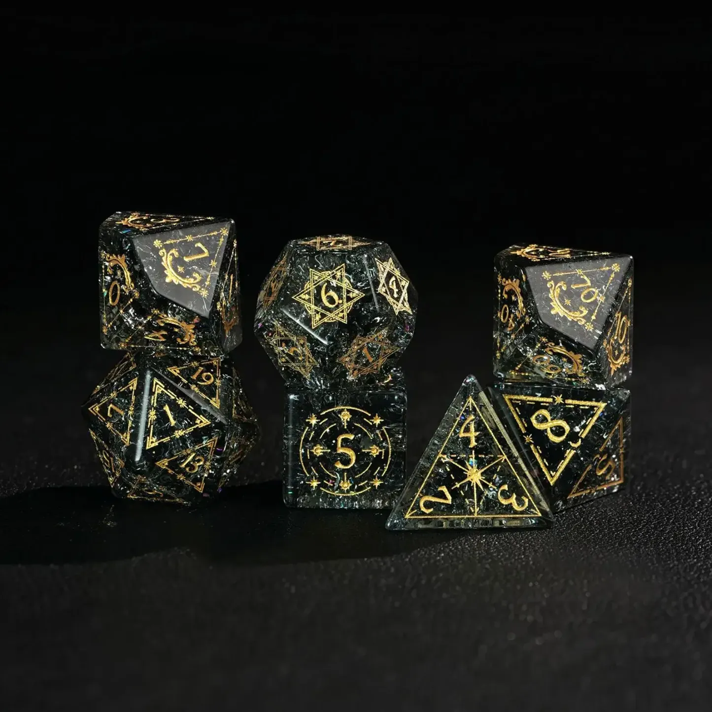 Black Sparkle DND Dice Set – Handcrafted Matte Black Gemstone Polyhedral Dice