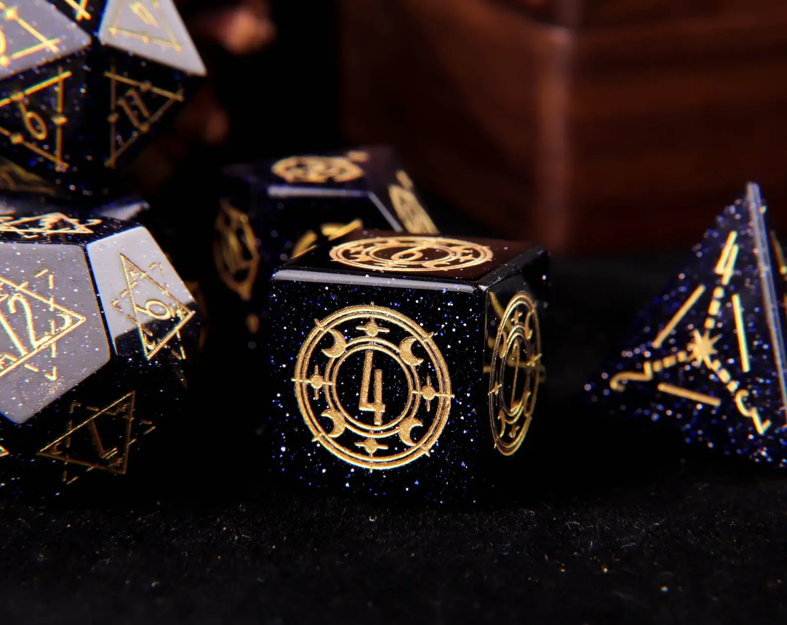 Engraved Dark Blue D&D Dice Set – Handmade Sandstone Gem, RPG Gift for Birthday