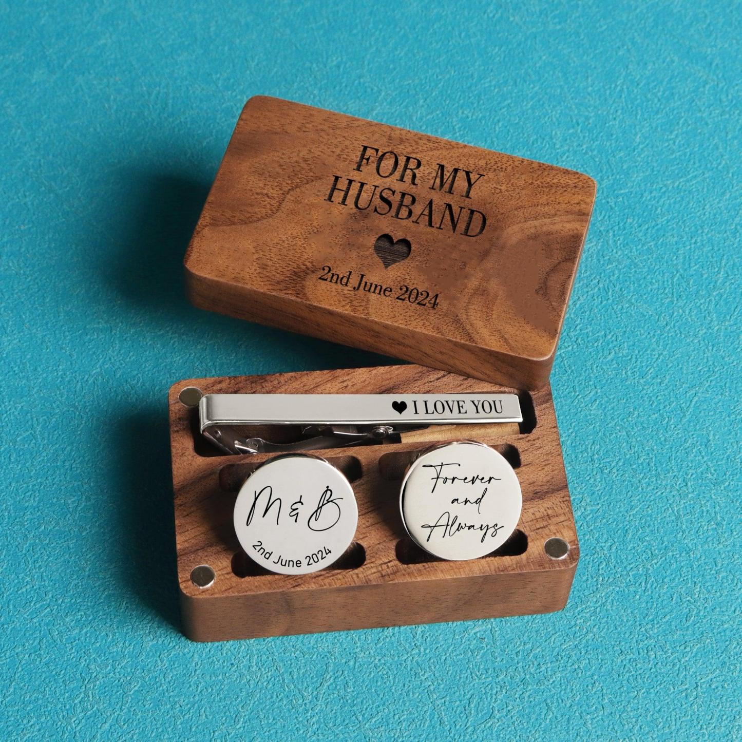 For my Husband - Custom Engraved Cufflinks & Tie Clip Gift Box