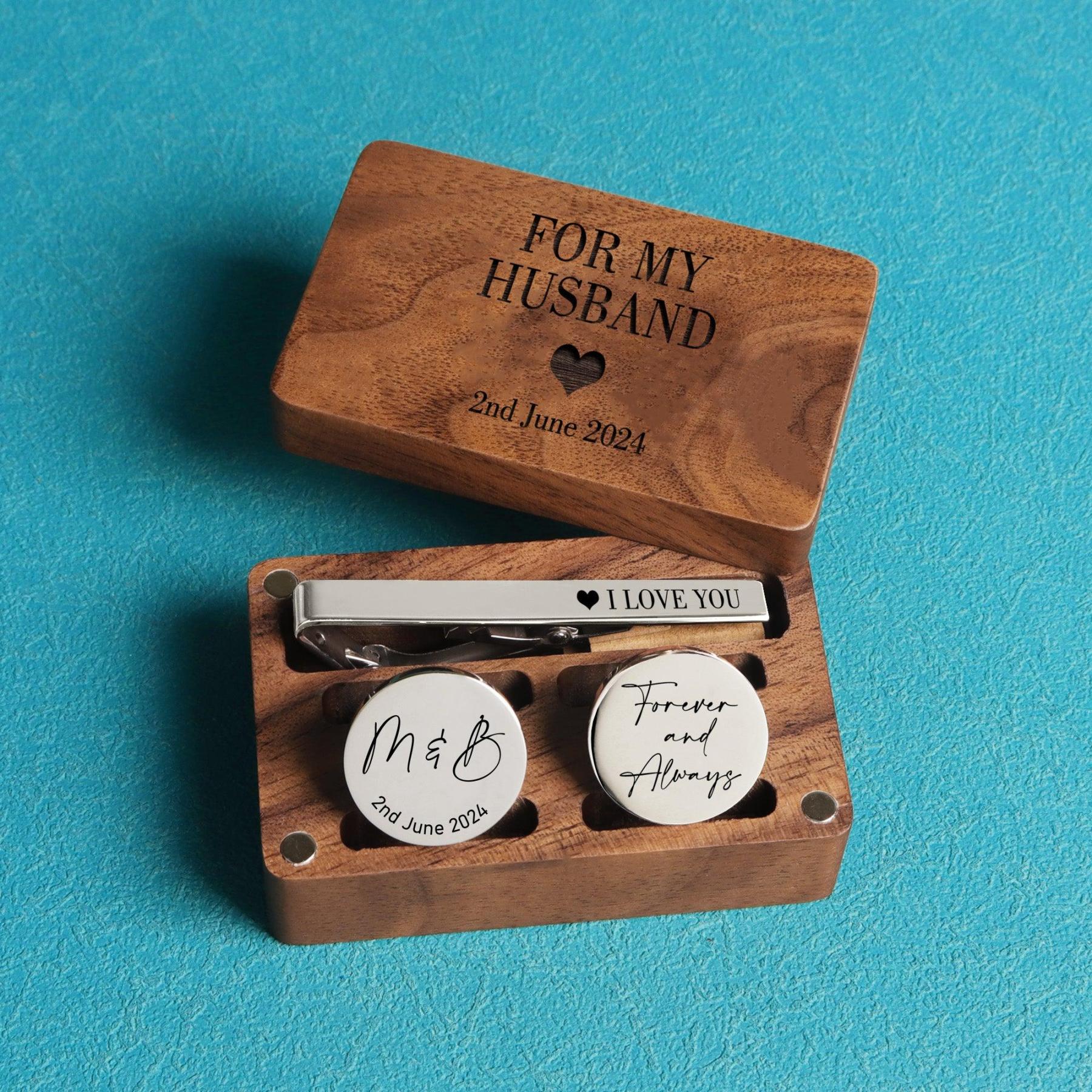 For my Husband - Custom Engraved Cufflinks & Tie Clip Gift Box