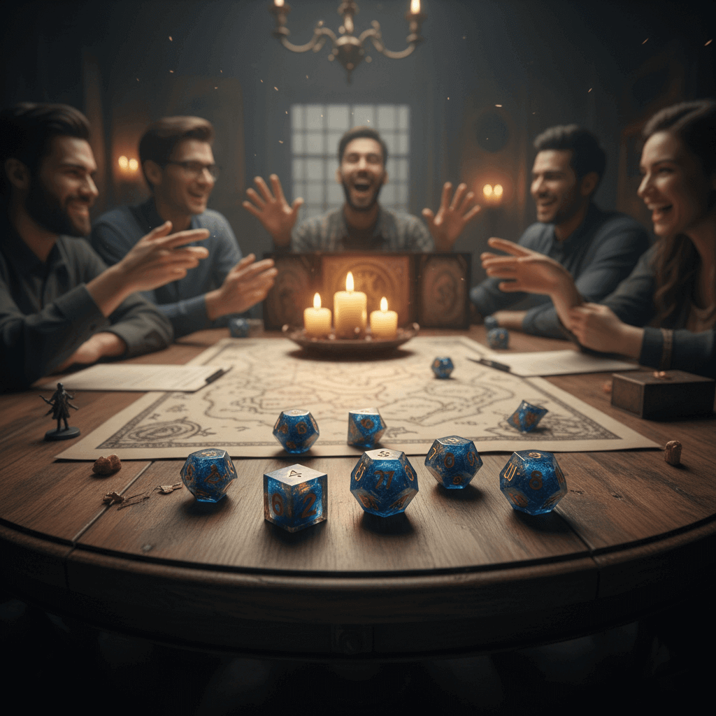 A warm, cinematic shot of a group of diverse friends playing Dungeons and Dragons around a circular wooden table. A complete set of blue resin dice is scattered on a battle map in the foreground, with players laughing and interacting in the background, illuminated by candlelight.