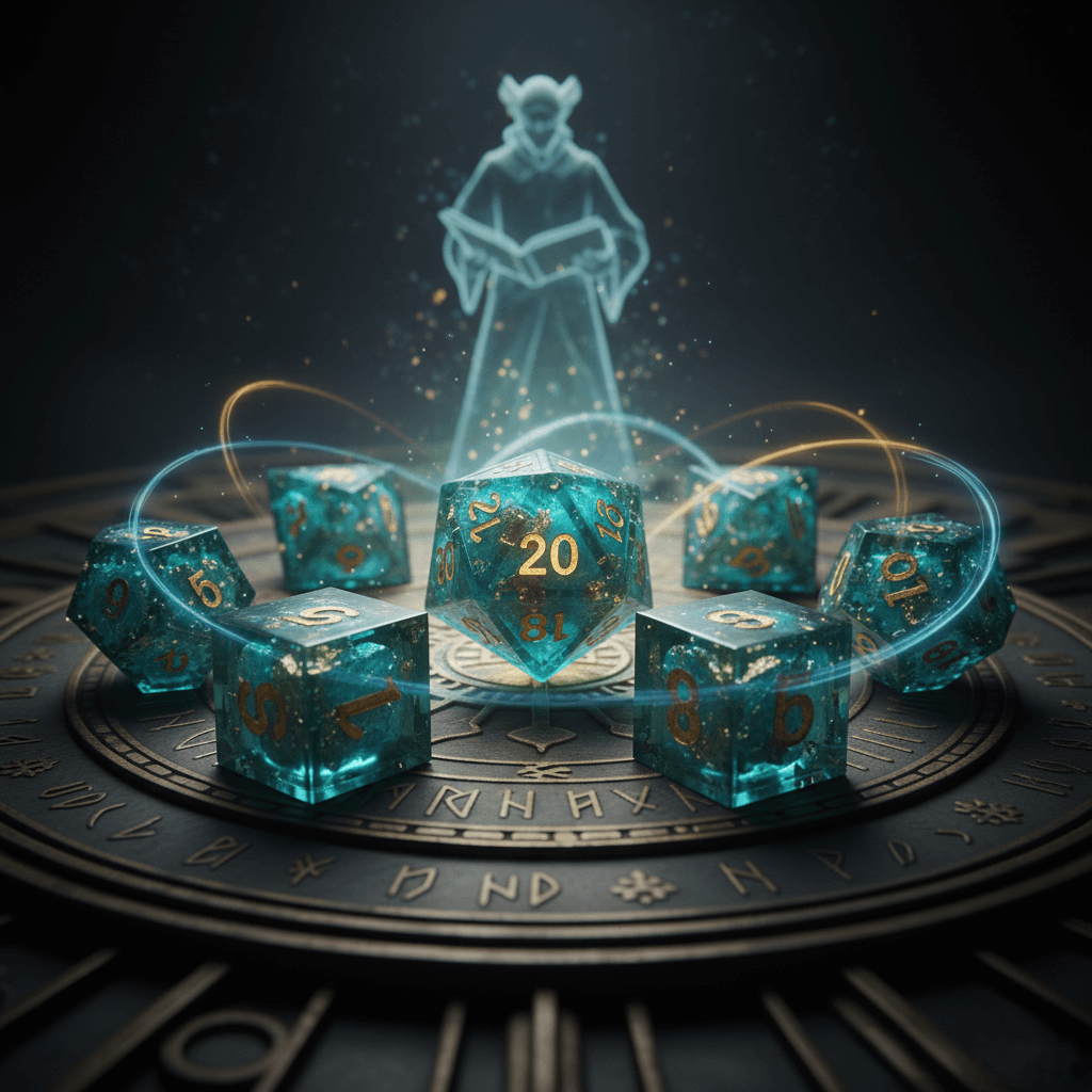 A shimmering set of seven polyhedral Dungeons and Dragons dice made of turquoise resin with gold numbers, arranged in a circle, with a spectral figure of a Dungeon Master and magical light streams above, set on an ornate clockwork base. Text "Gears of Fate" is visible.