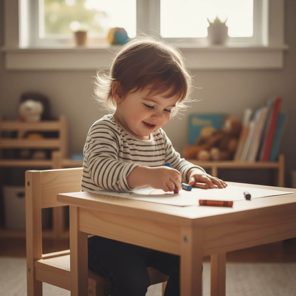 An image of a toddler sitting happily at a small, child-sized table, either coloring, stacking blocks, or eating a snack, showing a sense of focused independence.