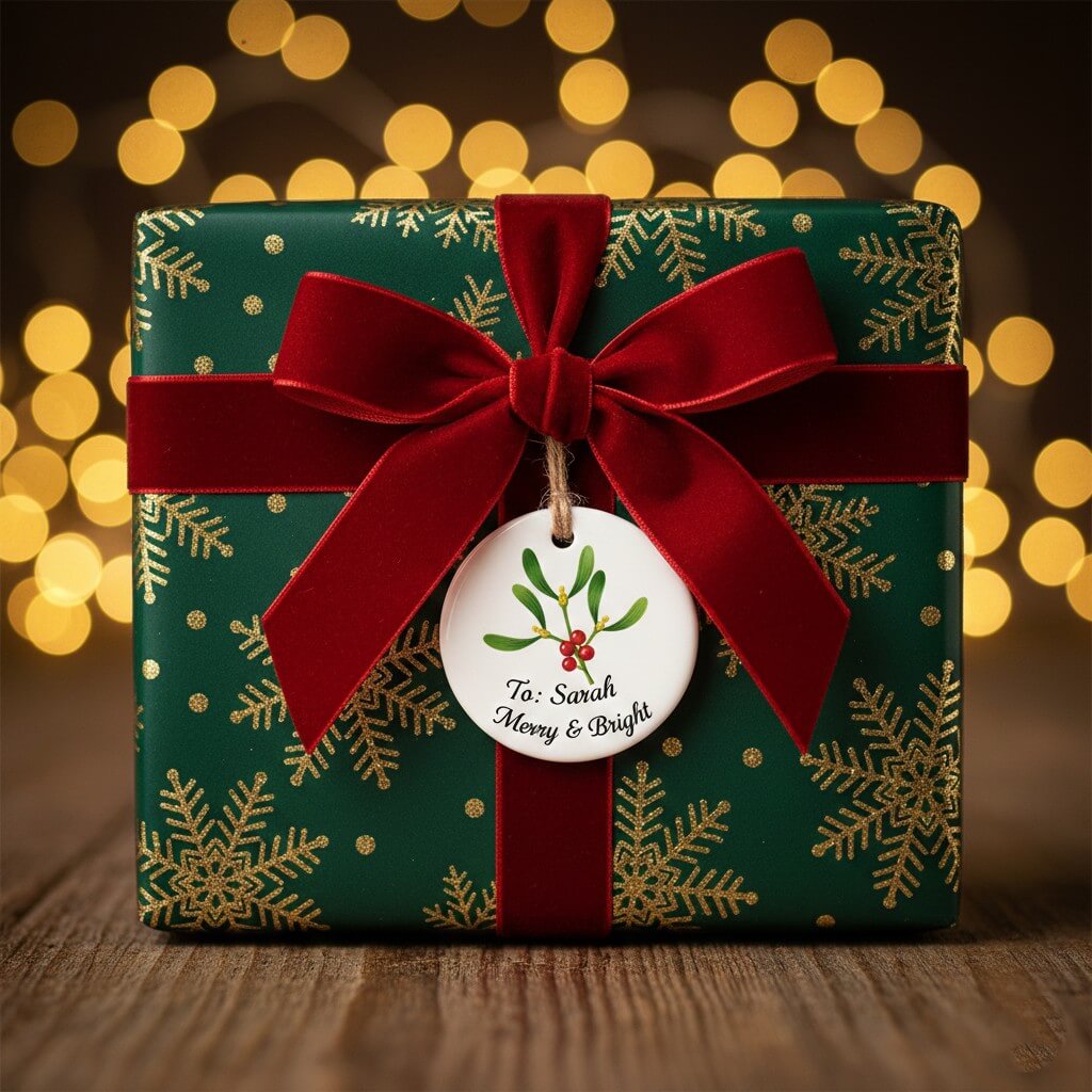 Beautifully wrapped Christmas gift with a personalized ceramic ornament used as a unique gift tag. Perfect for custom Christmas gifts.
