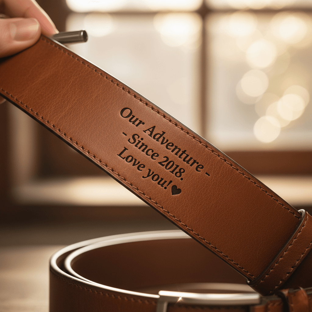 Close-up of laser engraving on the interior of a personalized leather belt, showing a hidden message or anniversary date for a secret sentimental touch.