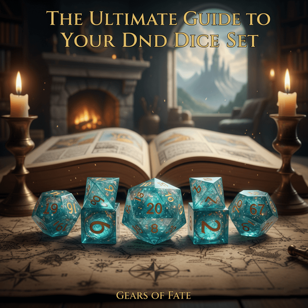 D&D blog cover: Teal resin dice set on an adventure map, with an open magic book, candles, and a fantasy castle view. Features title "The Ultimate Guide To Your DnD Dice Set" and "Gears of Fate."