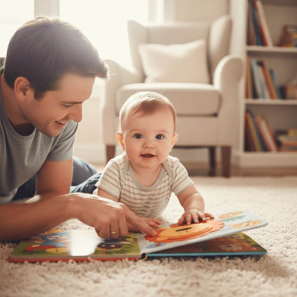 A heartwarming image of a parent and baby snuggled up on a chair or floor, deeply engaged in reading a bright, colorful touch-and-feel animal book together.
