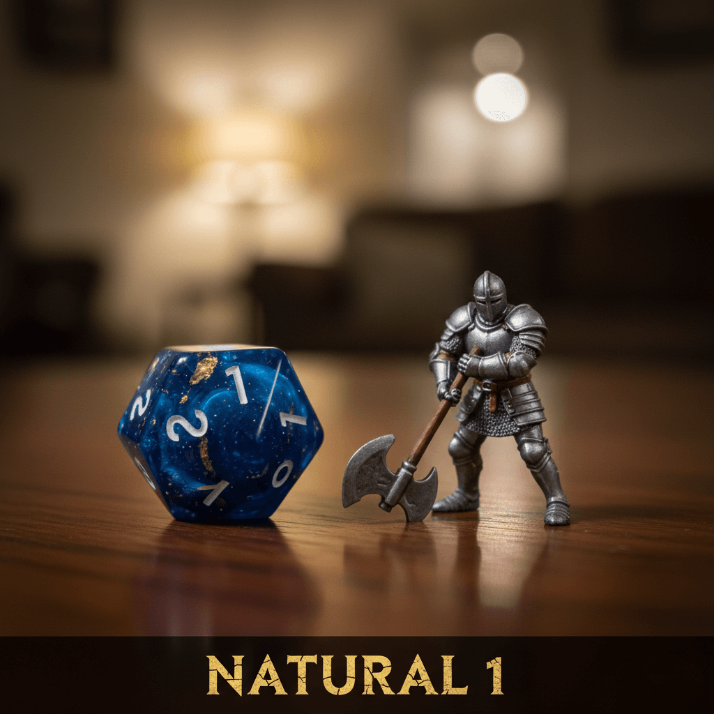 deep blue galaxy-patterned D20 resin die showing the number '1' facing up, next to a silver miniature figure of a fantasy warrior with an axe, set on a polished wooden table. Text "NATURAL 1" is visible.