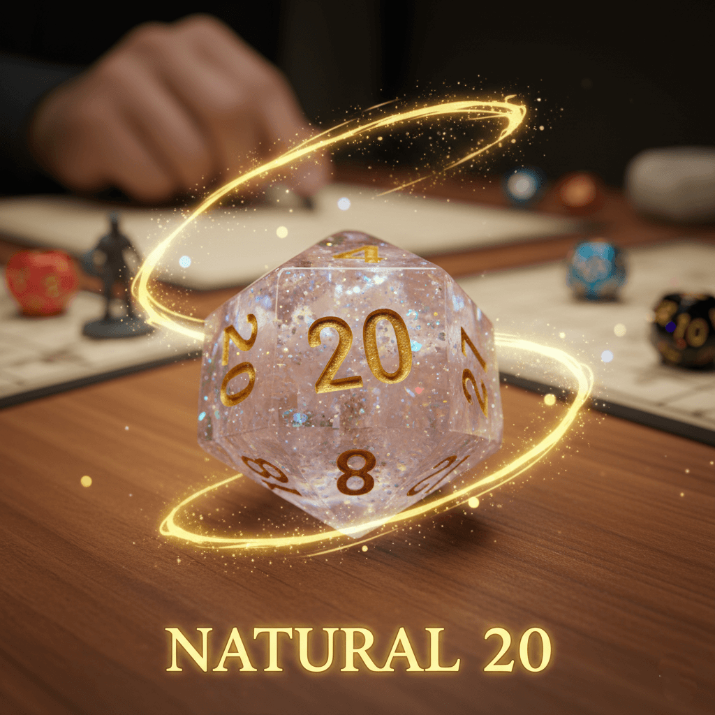 A close-up of a clear glittery D20 (twenty-sided die) made of resin, showing the number '20' facing up, with golden magic light swirling around it. A player's hand and other blurred game elements are in the background. Text "NATURAL 20" is visible.