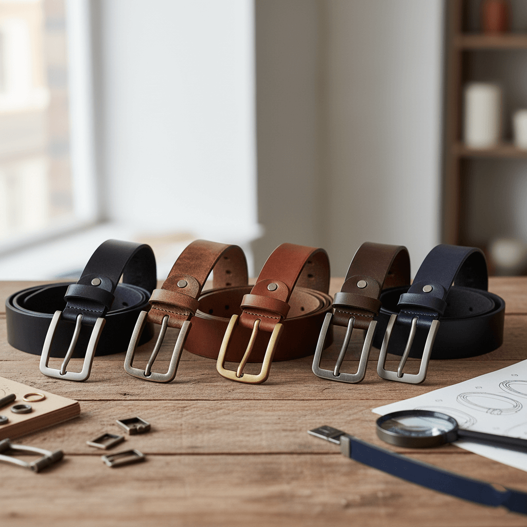 Arrangement of multiple custom leather belt styles, showcasing different buckle shapes and leather colors (brown, black) for customer inspiration.