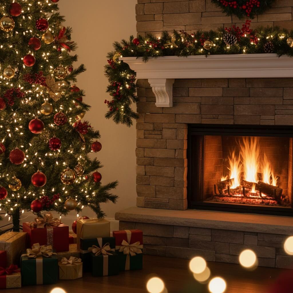 Cozy Christmas living room scene with a glowing fireplace and decorated Christmas tree. The perfect backdrop for **personalized Christmas decorations** and creating new **holiday memories