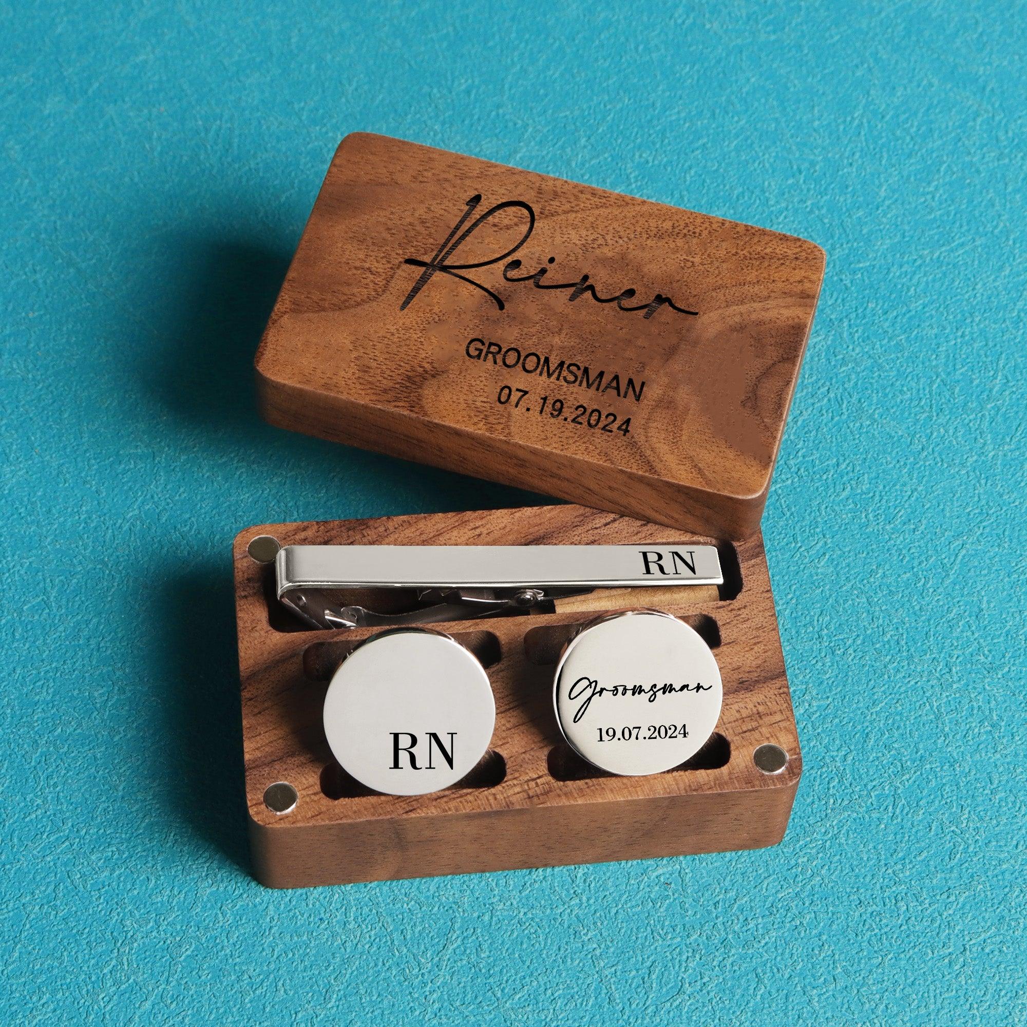 Groomsman Cufflinks Set with Tie Clip – Personalized Cufflinks for Groomsmen