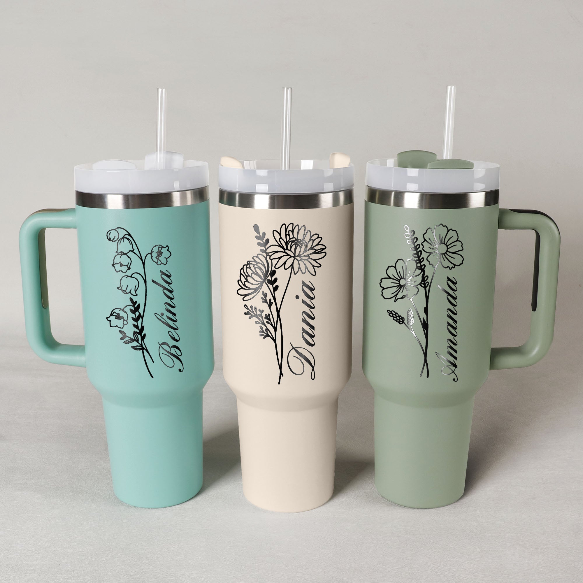 Personalized Birth Flowers 40oz Tumbler - Stainless Steel Tumblers With Straw Handle