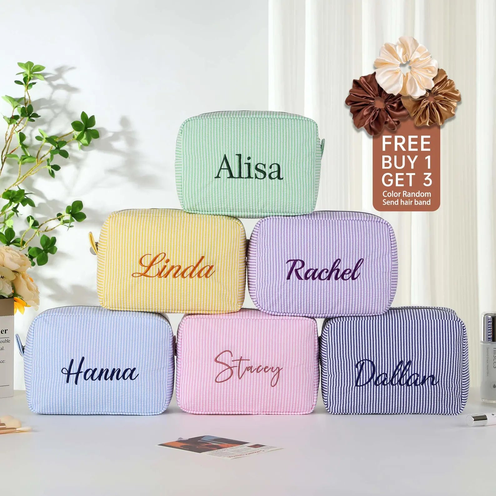 Personalized Embroidered Seersucker Makeup Bag