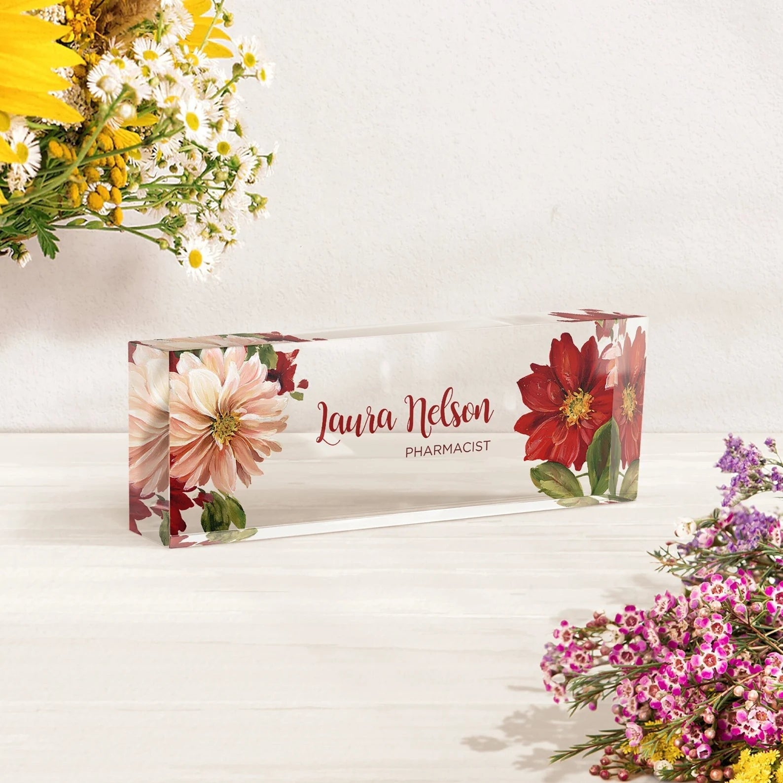 Personalized Flower Name Desk Plaque - Acrylic Name Plate for Office, Teacher, or Home Decor