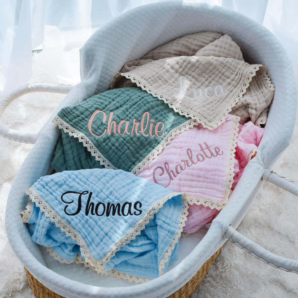 Personalized Baby Blanket – Custom Embroidered Organic Muslin Blanket