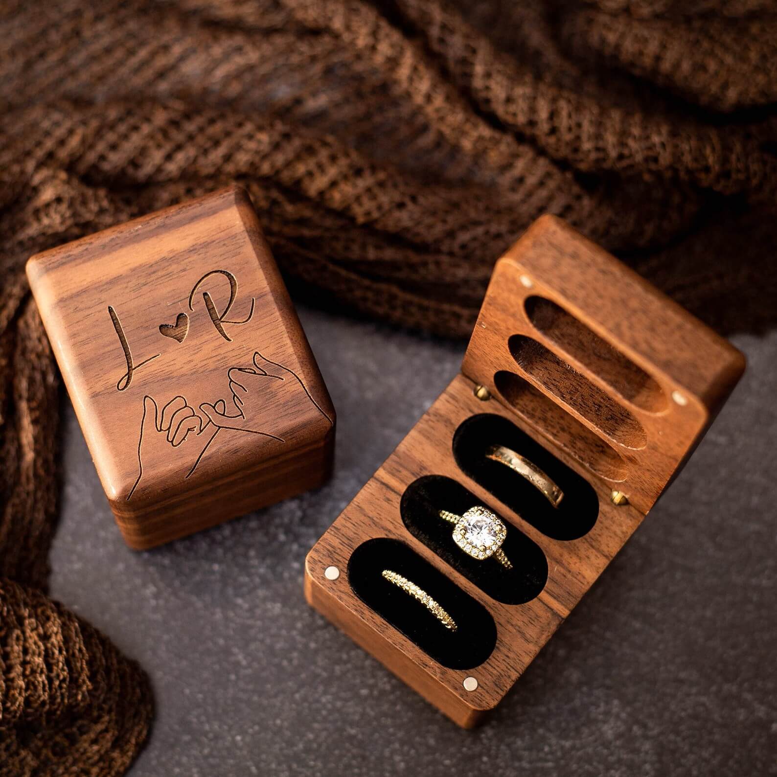 Triple Flip Wood Ring Box - Unique Engraved Gift for Her, Wedding Ceremony Ring Bearer Box