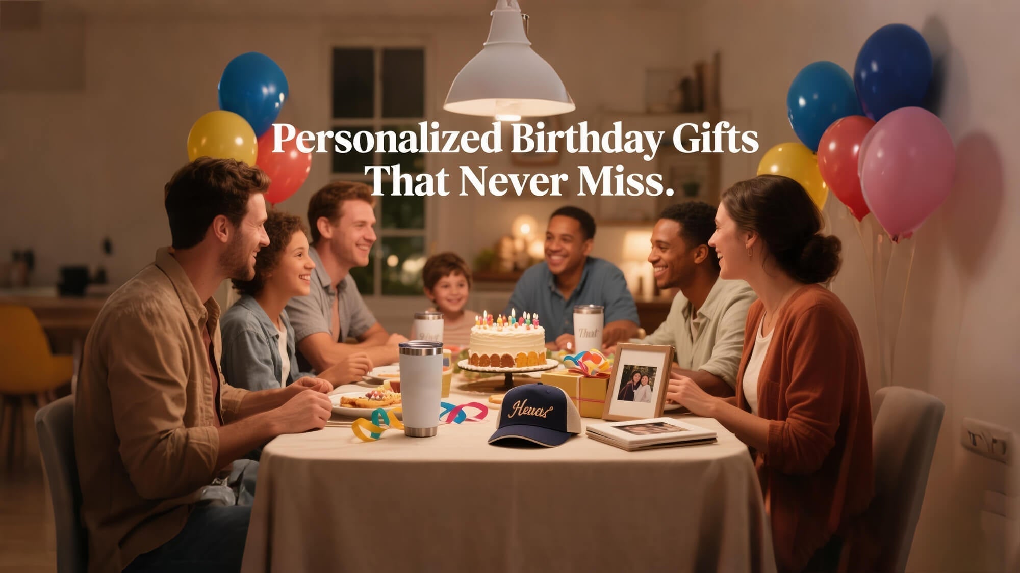 Personalized birthday gift ideas featuring custom engraved tumblers, embroidered baseball caps, and leather toiletry bags on a wooden table, emphasizing custom text and initials for all ages.