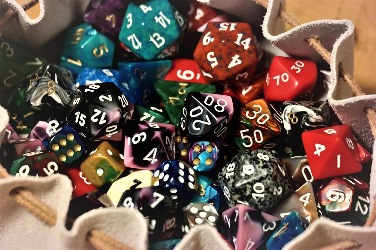 Colorful D20 dice sets showing different player styles.